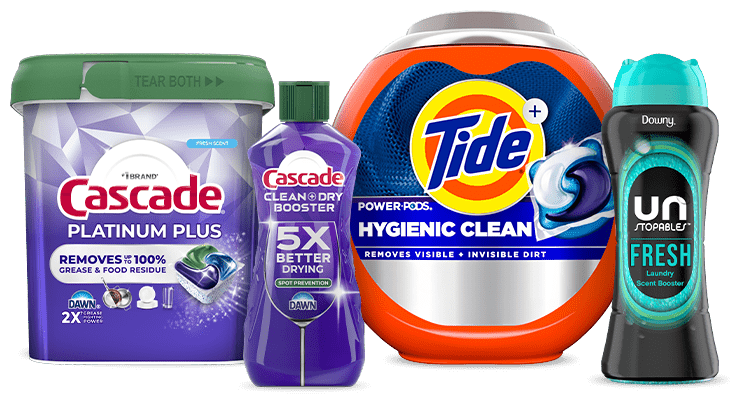 Cascade Platinum Plus dishwasher detergent, Cascade Clean & Dry Booster rinse aid, Tide Hygienic Clean laundry detergent pods, and Downy Unstopables Fresh scent beads displayed side by side against a white background.