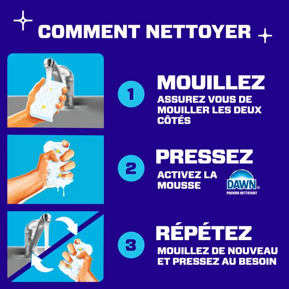 Instructions de nettoyage pour utiliser l’Effaceur magique Mr. Clean en trois étapes : mouillez, pressez et répétez