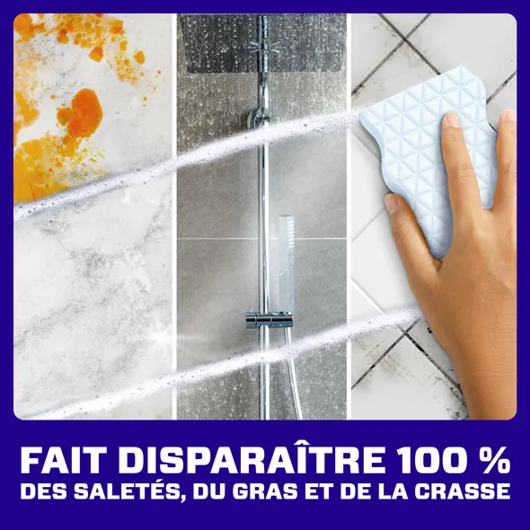 L’Effaceur magique Mr. Clean élimine efficacement la graisse, la crasse et les résidus de savon sur diverses surfaces