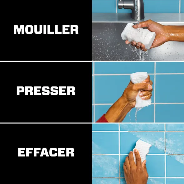 Mode d’emploi d’un Effaceur magique, démontrant les trois étapes : mouiller, presser et effacer
