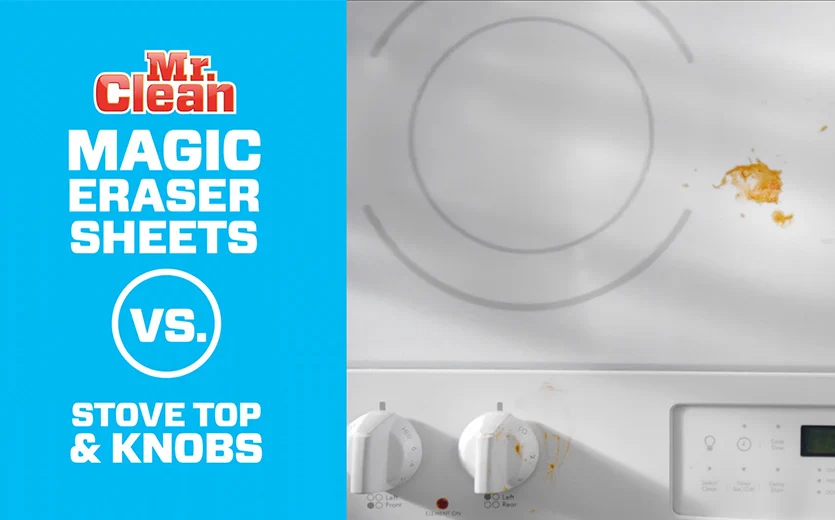 Feuilles Effaceur magique M. Net contre le dessus et les boutons de la cuisinière