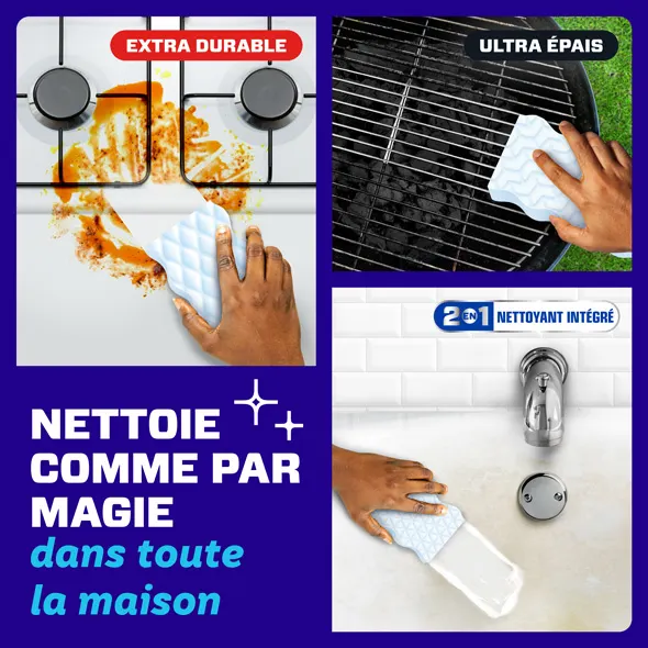 Un Effaceur magique qui démontre le nettoyage de diverses surfaces