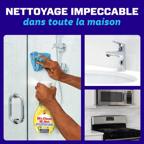 Des mains qui nettoient une douche de salle de bain avec un linge bleu, présentant le vaporisateur nettoyant multi-usages Mr. Clean