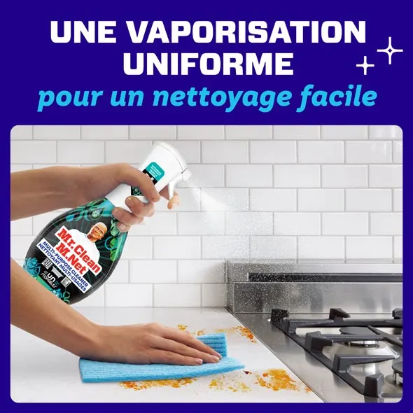 Le vaporisateur nettoyant multi-usages Mr. Clean utilisé sur un comptoir de cuisine pour un nettoyage facile et efficace