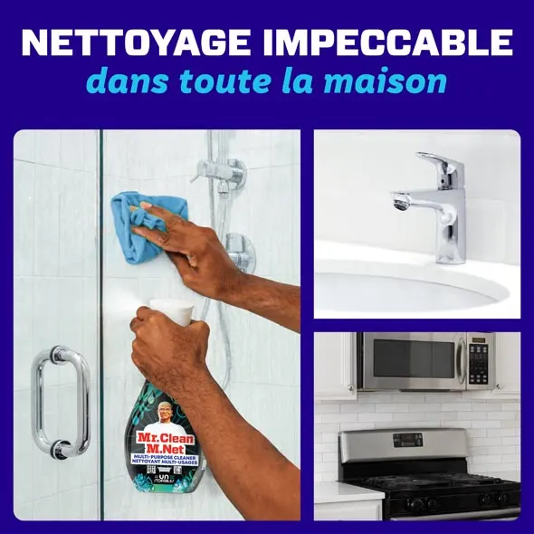 Des mains qui nettoient une douche de salle de bain avec un linge bleu, présentant le vaporisateur nettoyant multi-usages Mr. Clean
