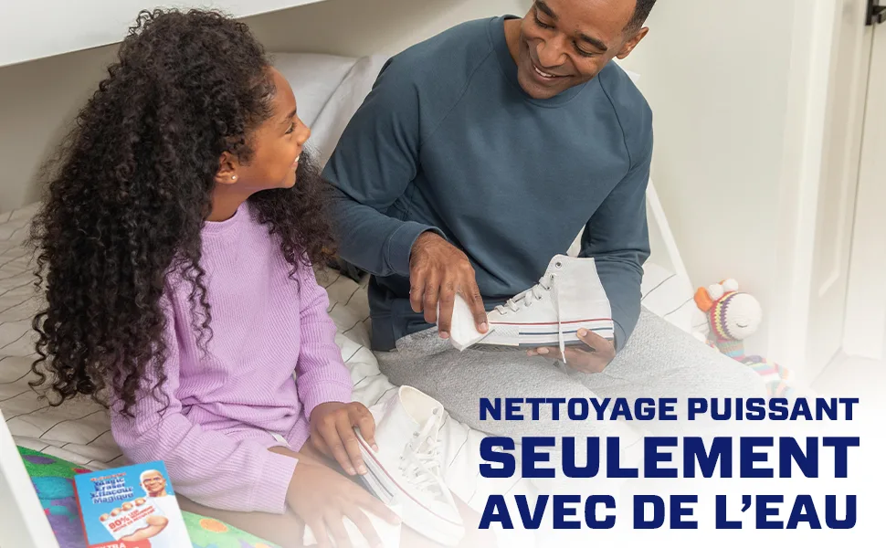 Effaceur magique Extra résistant M. Net, un enfant et une personne nettoyant des chaussures, Nettoyage puissant seulement avec de l’eau