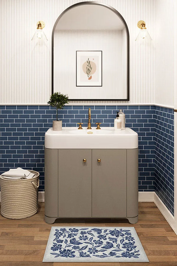 Bella Bouquet Delft Blue Bath Mat | Ruggable