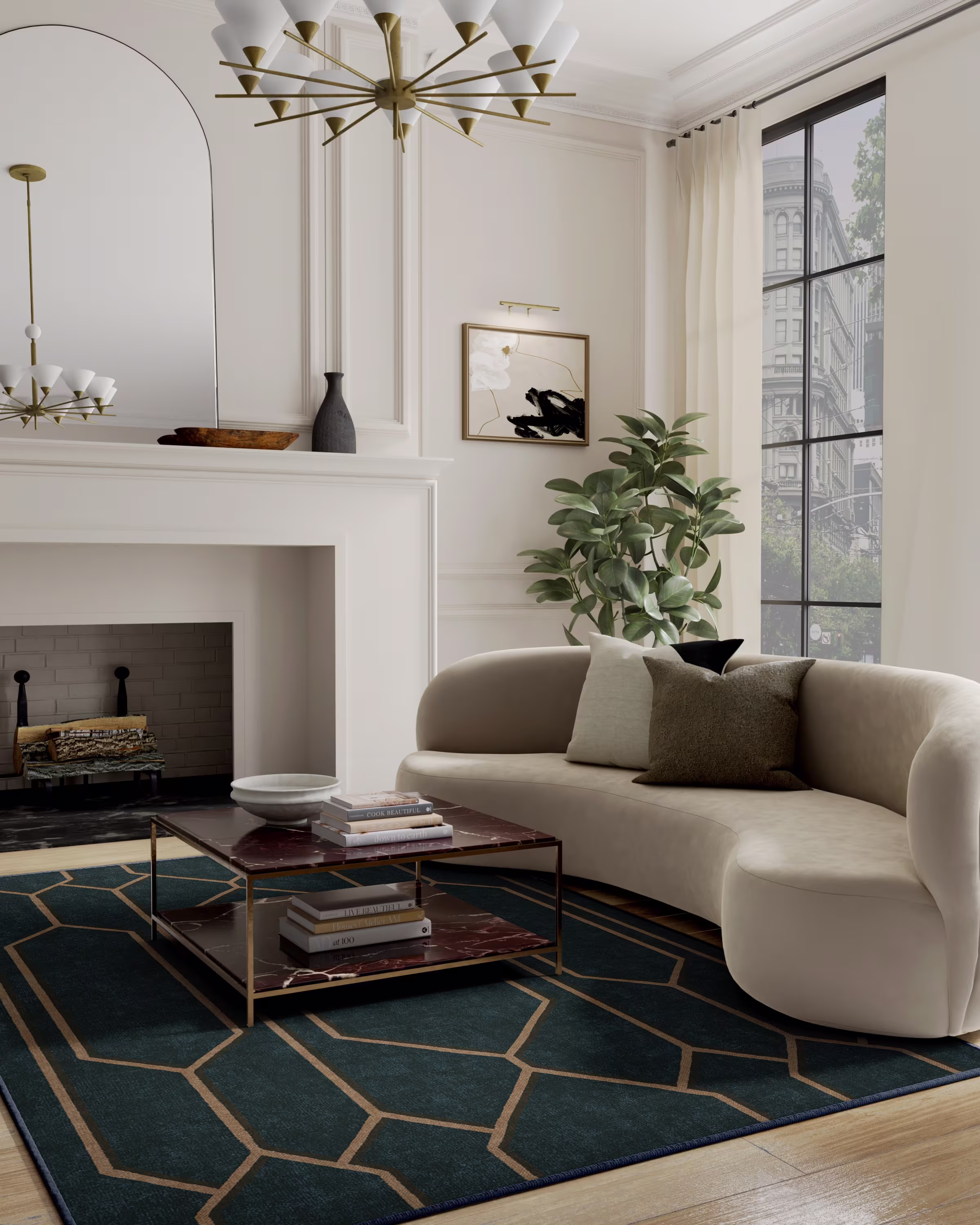 The Hiltons Bryant Marine Blue & Gold washable rug with Art Deco inspired geometric patterns, layered gold linework, and a deep marine blue background