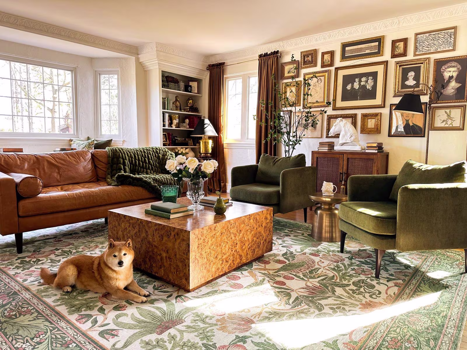 Ruggable x Morris & Co. washable rug in fall living room with dog and traditional cottage decor
