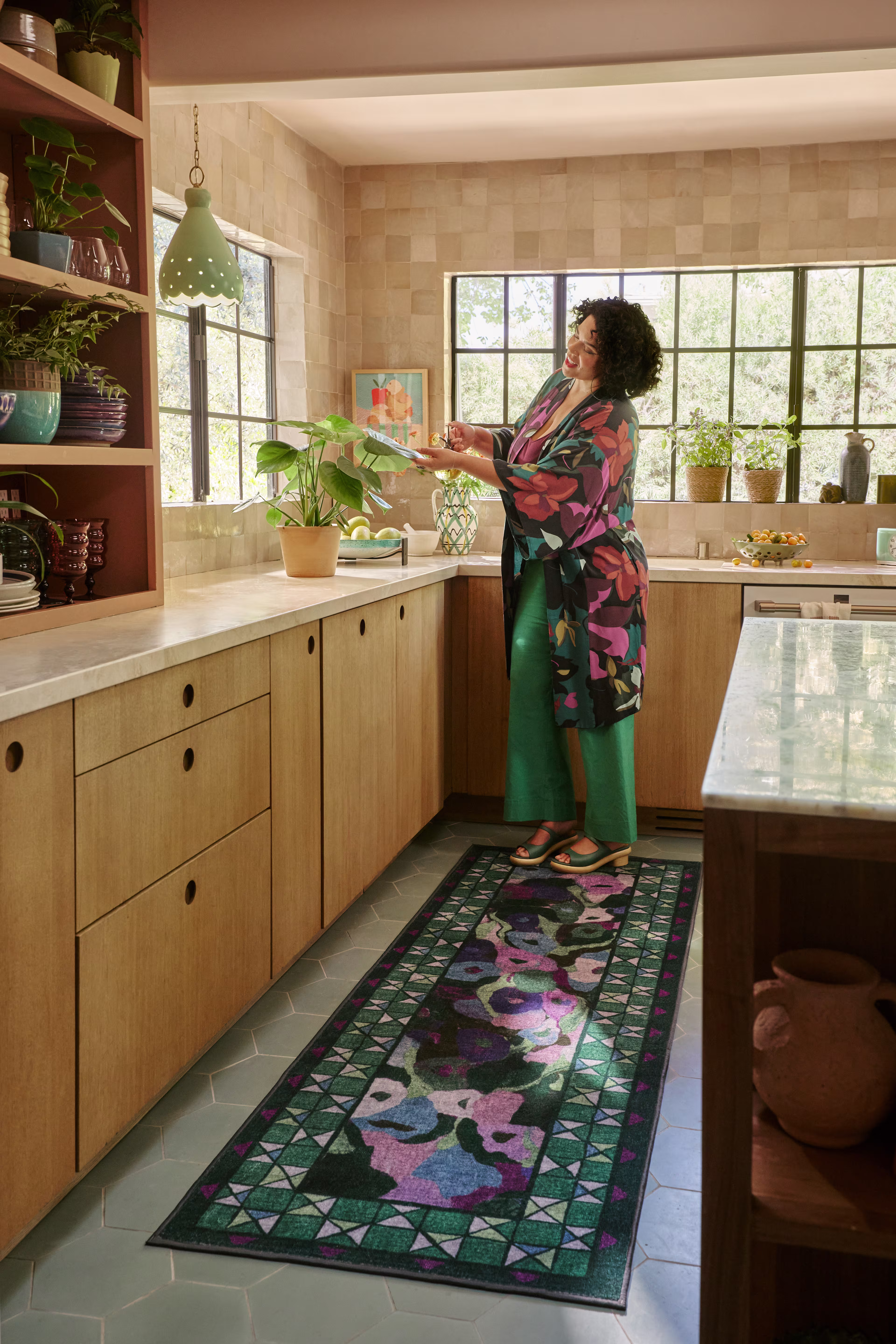 Ruggable x Jungalow Vera Green and Plum tufted kitchen runner rug in a modern bohemian kitchen setting.