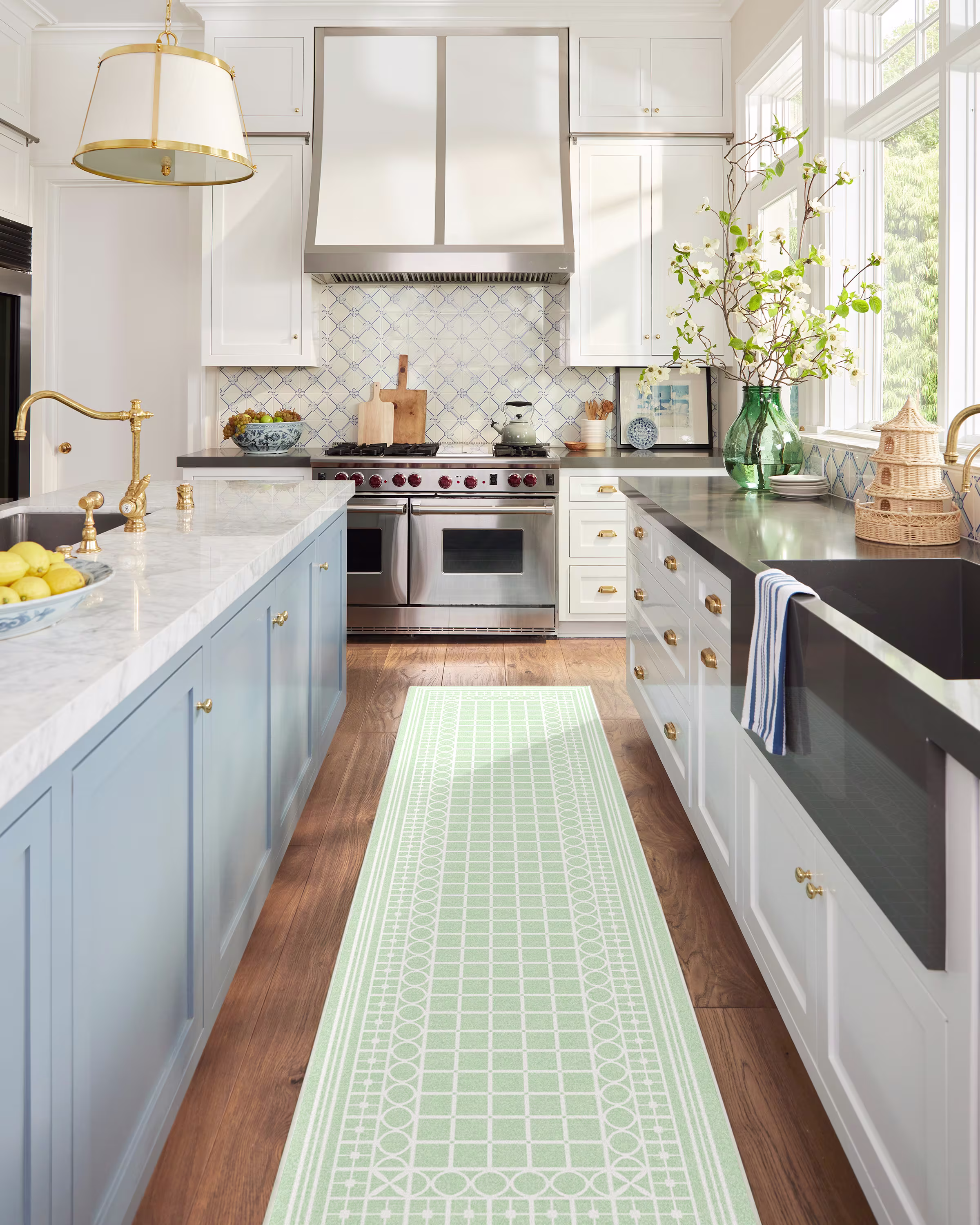 Gray Malin Palm Beach Sage Green washable rug with sage green breeze block patterns and crisp ivory detailing inspired by coastal travel photography