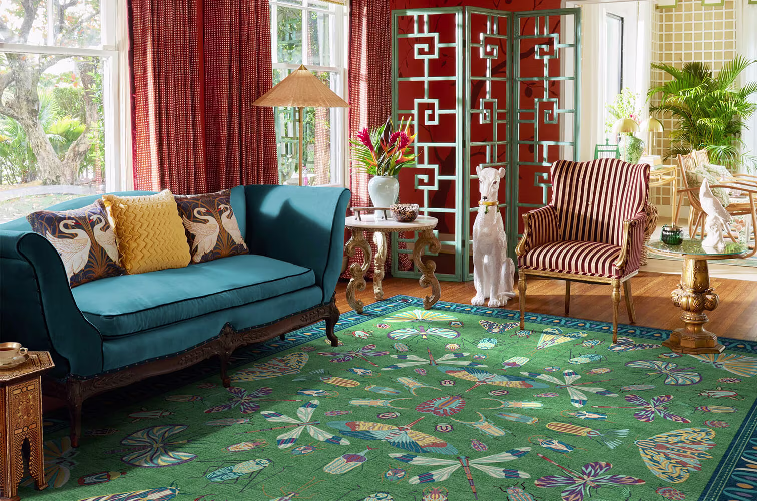 Flutterby Green & Sapphire Rug - Living Room Shot