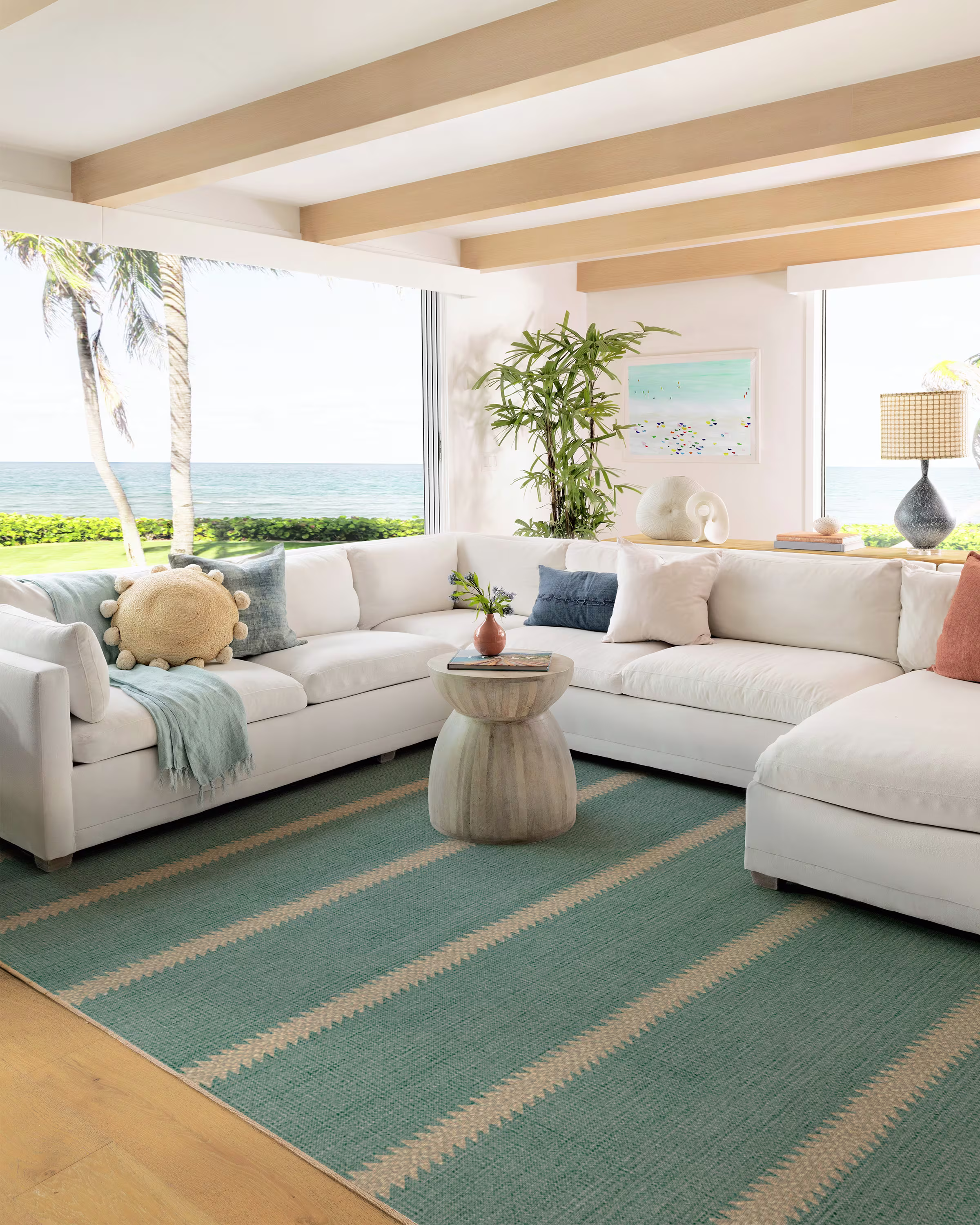 Malibu Palm Stripe Light Brown washable rug with palm inspired stripe patterns, jute like texture details, and a warm neutral brown background for indoor or outdoor spaces