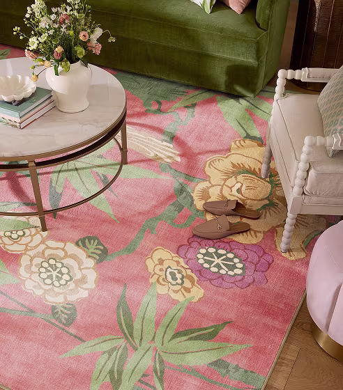 Ruggable x Sanderson Bamboo & Bird Blossom Pink Rug in Living Room