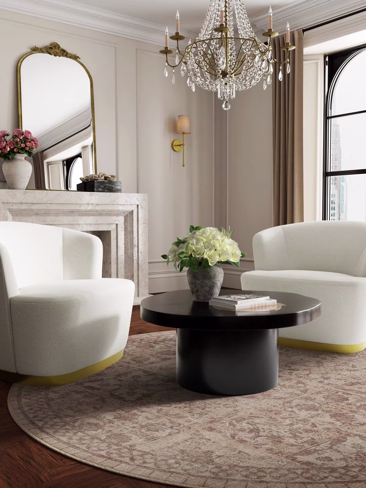 Ruggable x The Hiltons Astoria Rose Gold Rug in traditional modern living room with large windows, contemporary accent chairs and ornate chandelier 