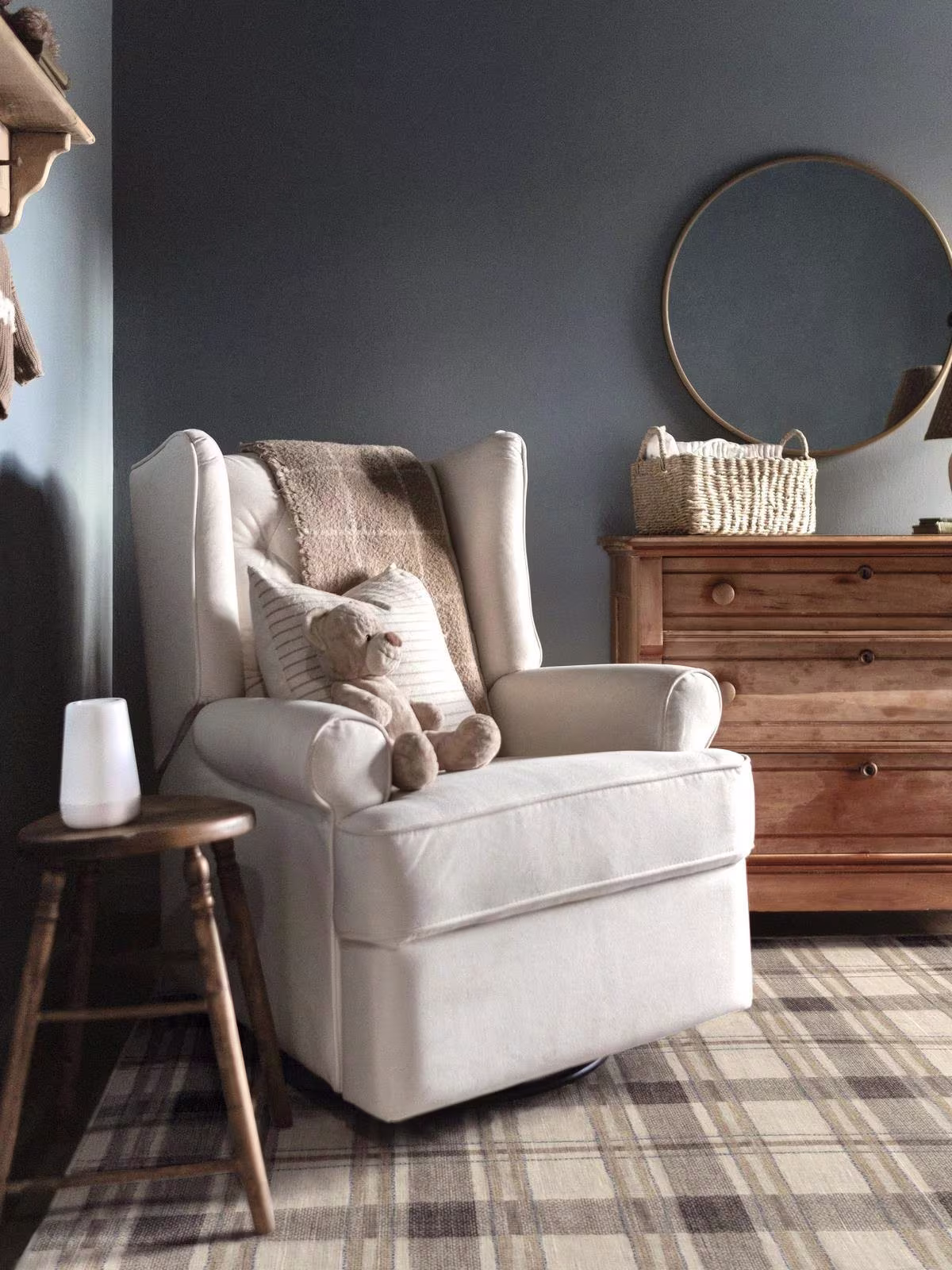 Moody neutral nursery with Piper Plaid Neutral Rug from Ruggable and gender neutral equestrian decor