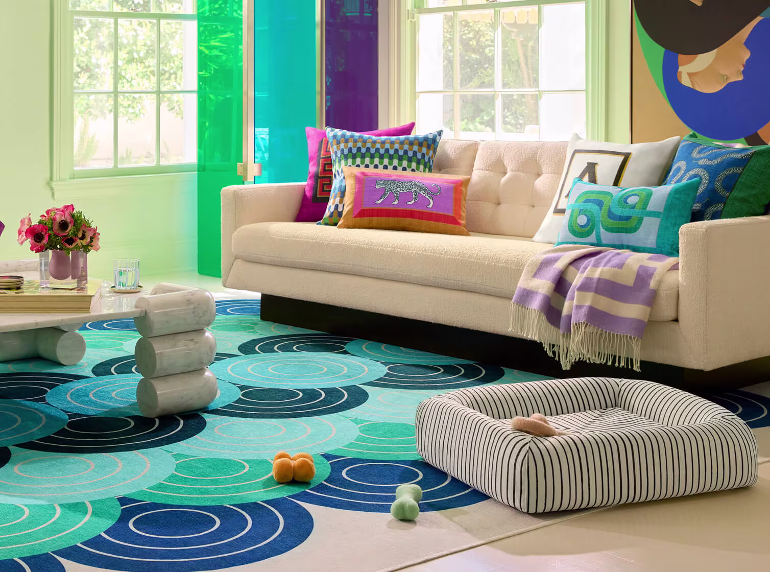 Ruggable x Jonathan Adler Biba Blue Green Rug and Jonathan Adler Inkdrop Ivory Pet Bed