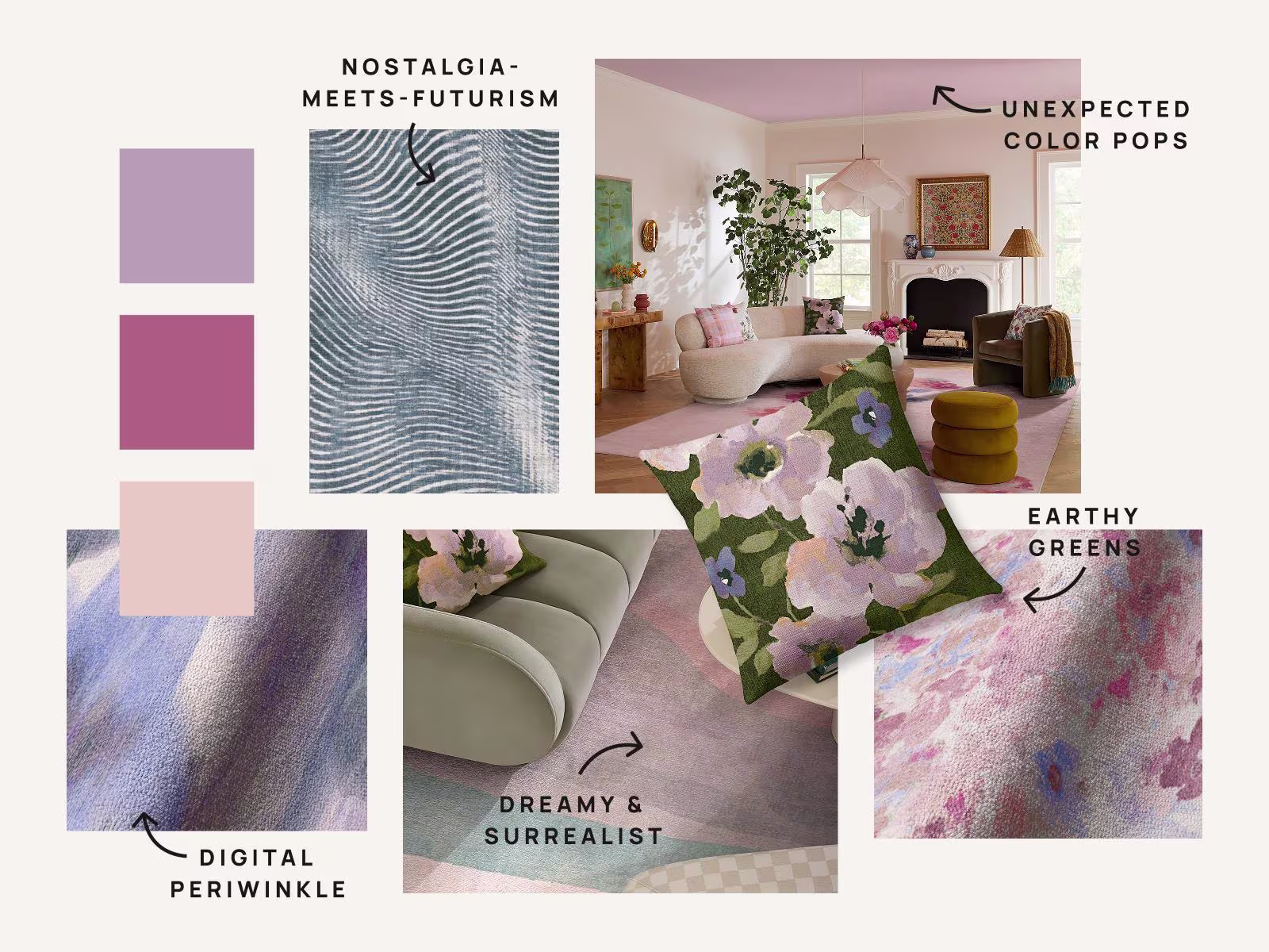 Moodboard image showing swatches of textures, colors, and patterns from the 2025 Ruggable Spring Collection.