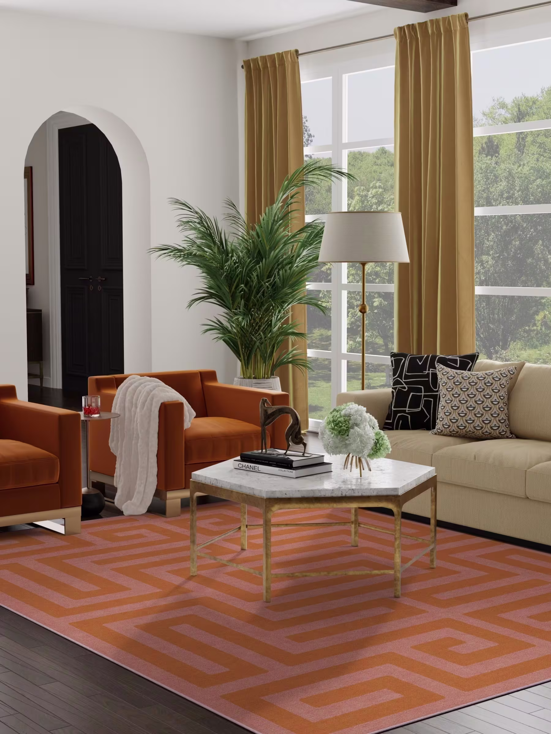 Contemporary living room with arched doorway and washable Ruggable Maze Pink & Orange Rug