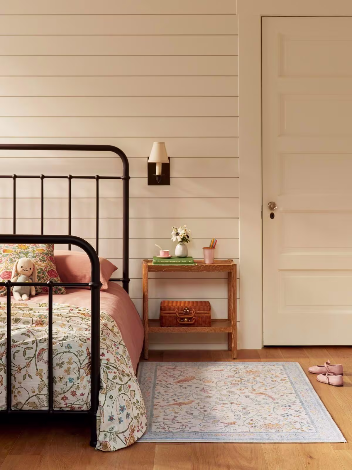 Ruggable x Morris & Co. Newill Ivory & Blue rug in kids room with Morris & Co. bedding and shiplap wall