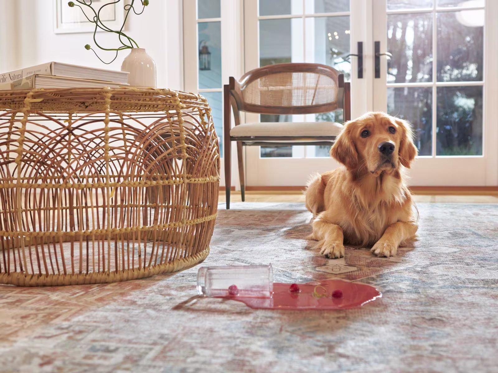 A dog sits on a Ruggable washable rug next to a stain caused by a drink spill
