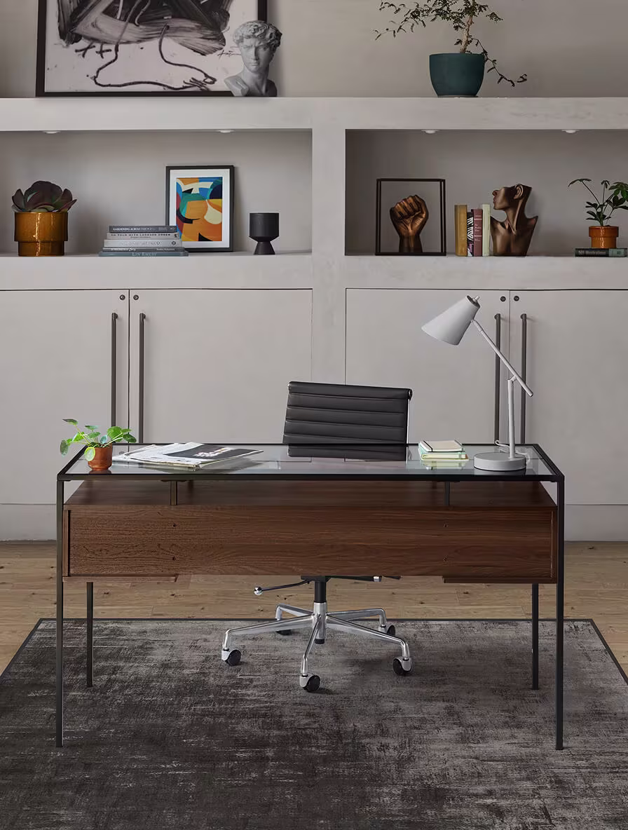 Impasto Greyscale Tufted japandi rug adding subtle texture to a modern home office with clean lines