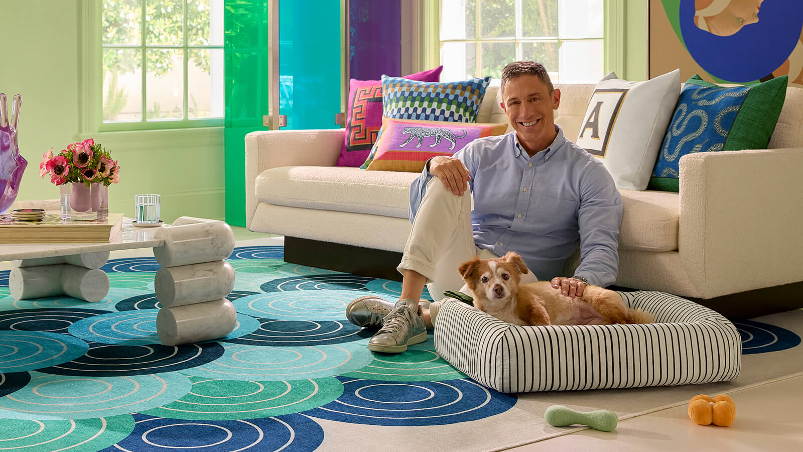 Inkdrop Ivory Woven Bolster Washable Dog Bed by Jonathan Adler