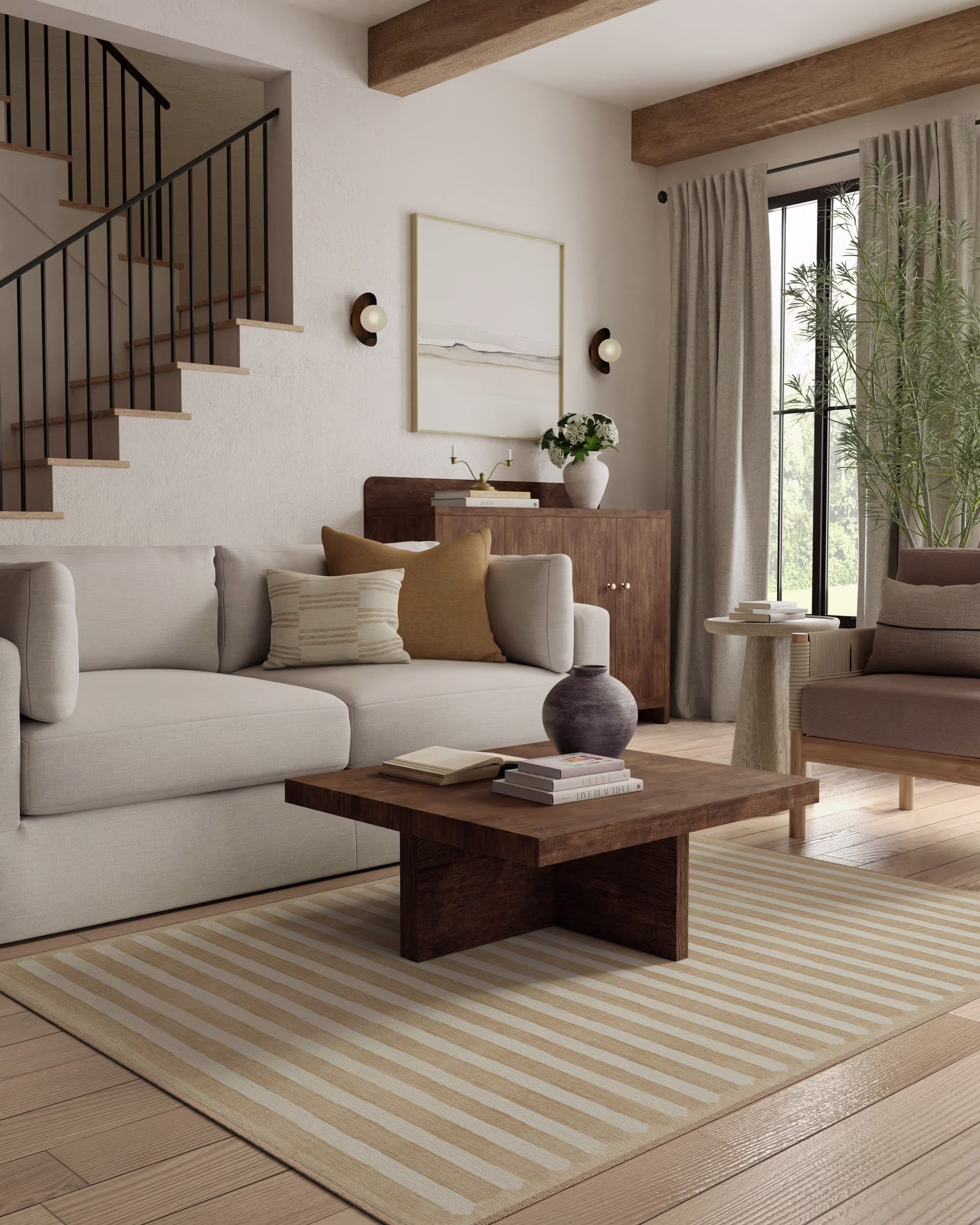 goop Elin Stripe Latte Cream washable rug with taupe and cream stripes, stair stepped border details, and a warm neutral background inspired by traditional Indian dhurrie designs