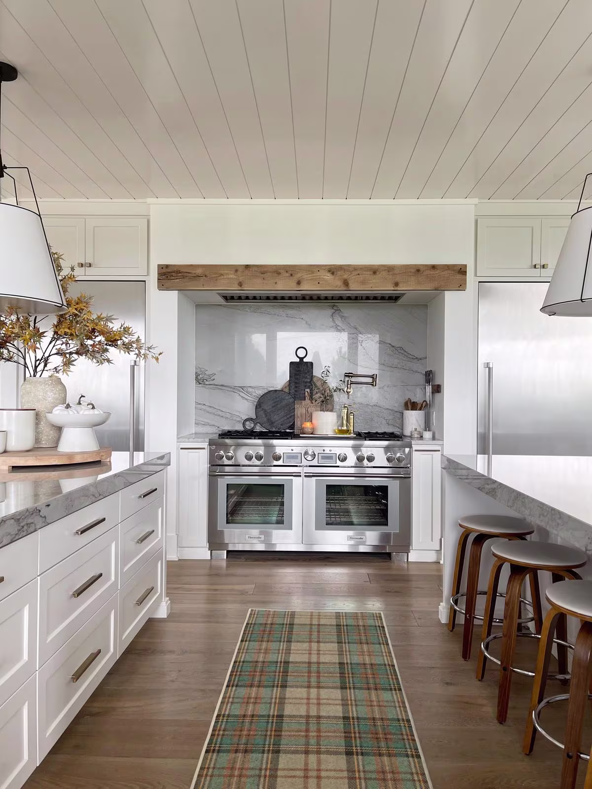 Washable Ruggable Dress Stewart Tartan Khaki runner rug in fall kitchen