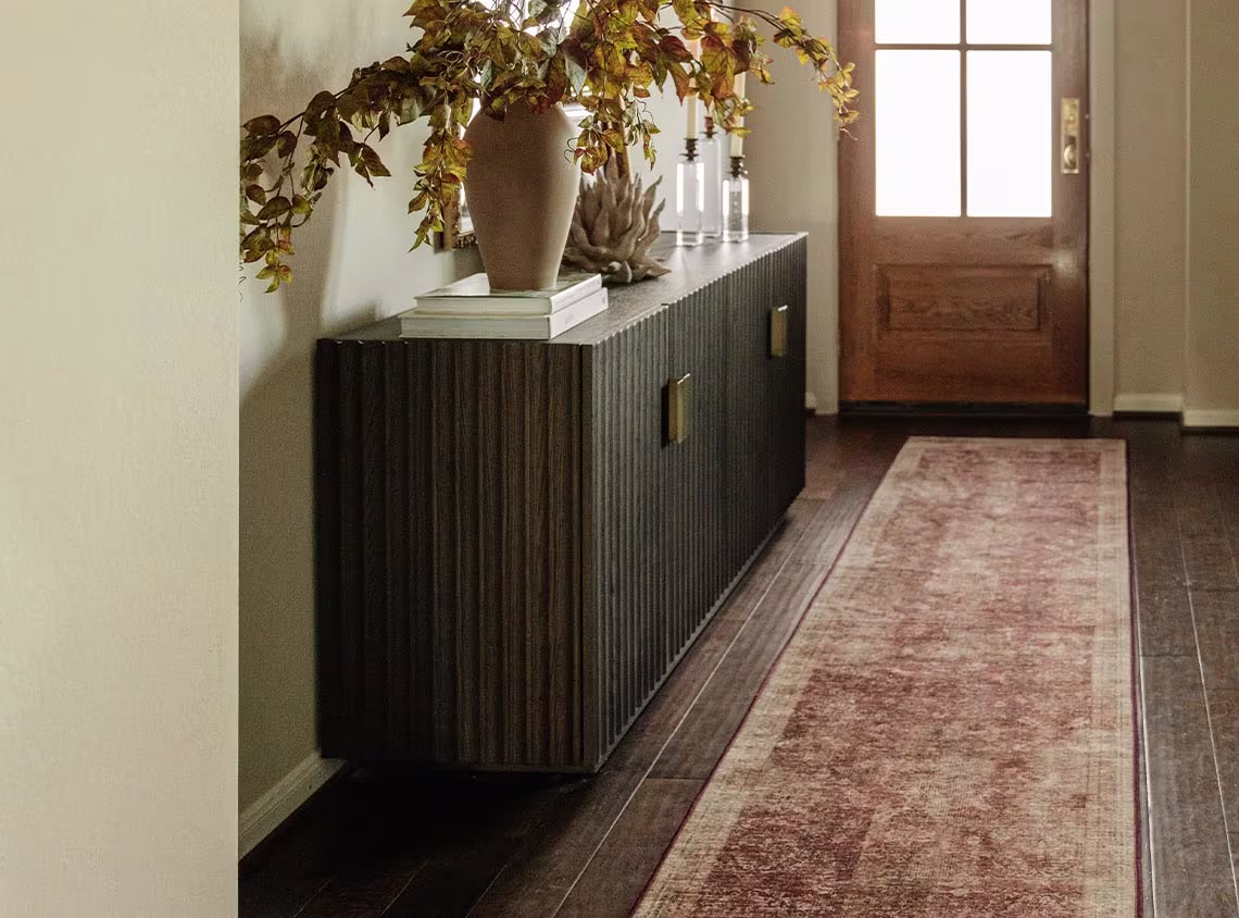 Frances Golden Red Runner Rug placed in the hallway 