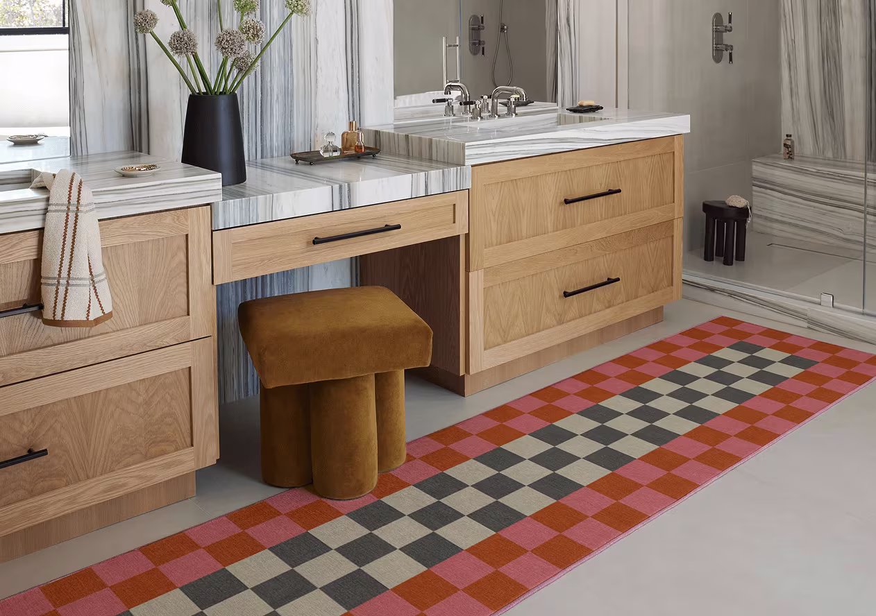 Ruggable Bathroom Rugs (Checker Border Pink & Orange Rug) - 2 Tile