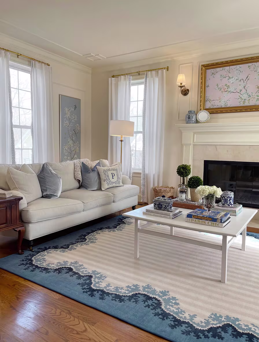 Sanderson Oxbow Indigo Rug on Wood Flooring