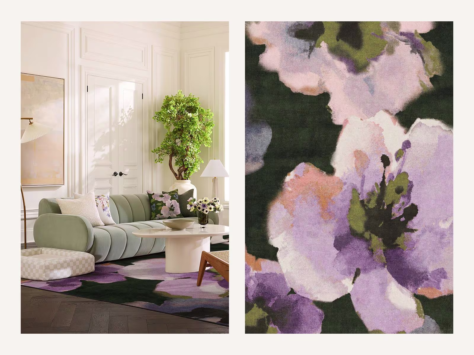 Side by side images of a living room with plush furniture and Ruggable's Emma Lavender Tufted Rug and a close-up image of the rug's floral motifs. 