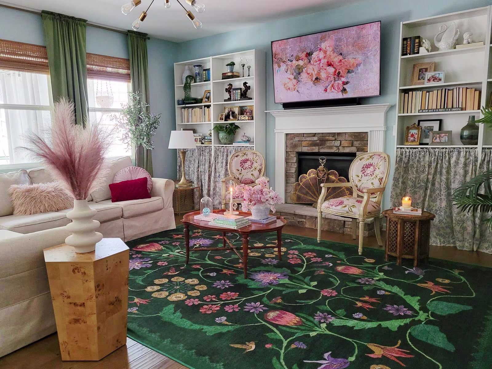 Image of colorful, maximalist living room featuring the Ruggable x Iris Apfel Protea Forest Green Rug.