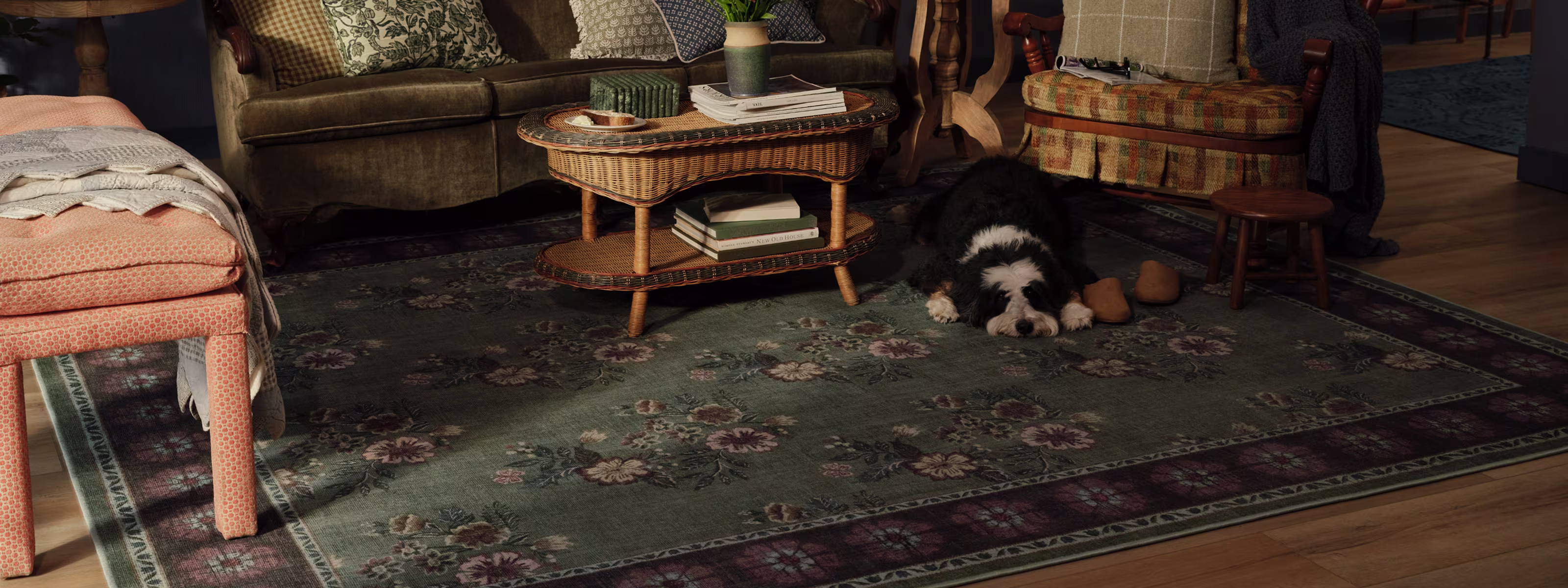 Ruggable Kindred Cottage, Pennywood Green & Pink Rug Hero Banner - Desktop