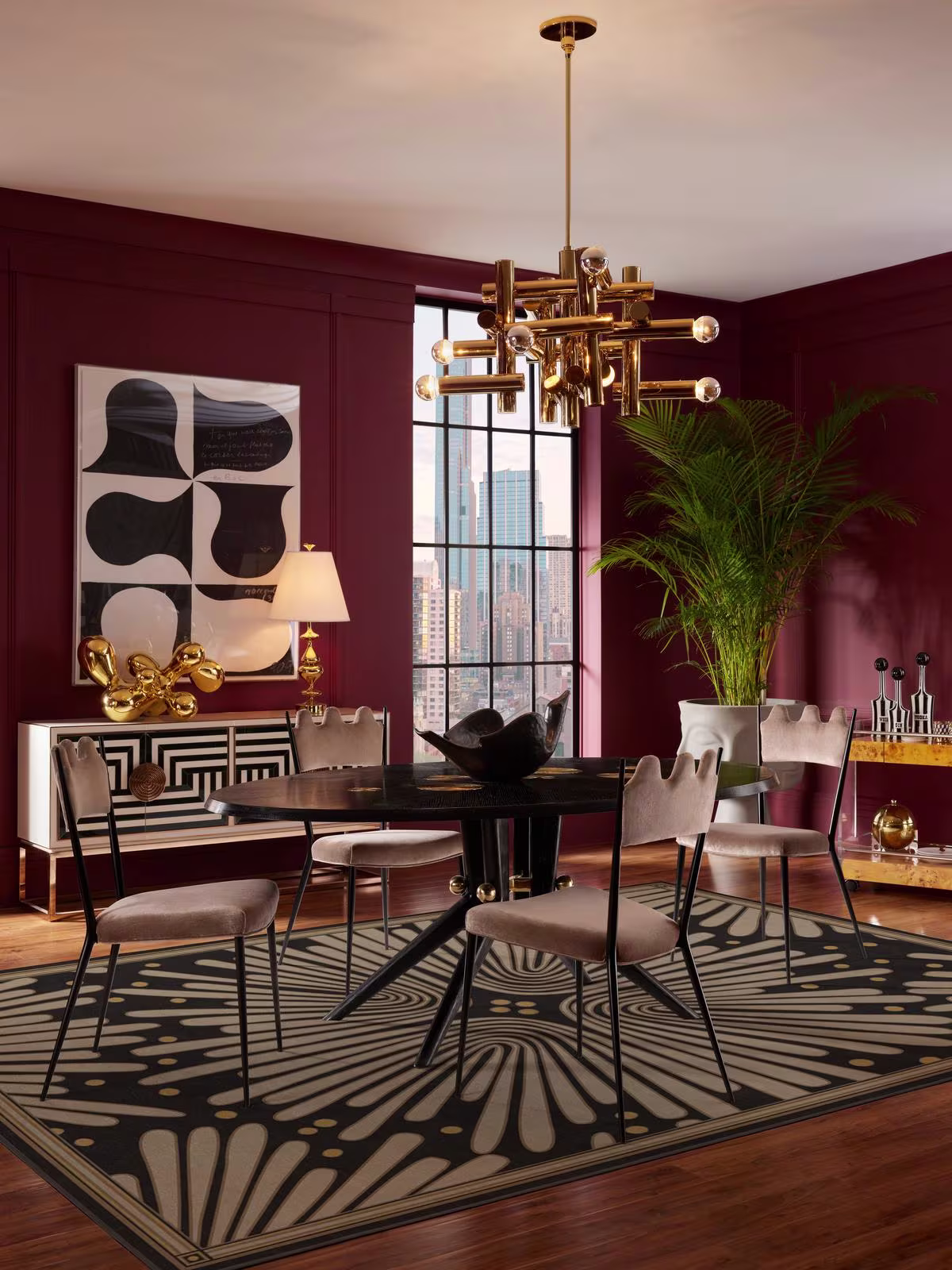 Glam living room with art deco interior decor, jewel tones, and a Ruggable washable Jonathan Adler Gatsby Black & Gold Rug.