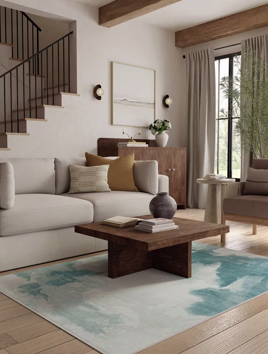 Grey living room idea featuring a soft grey sofa styled with Ruggable's Haze Blue Rug, layered with warm wood furniture and neutral accents for a calm, contemporary space.