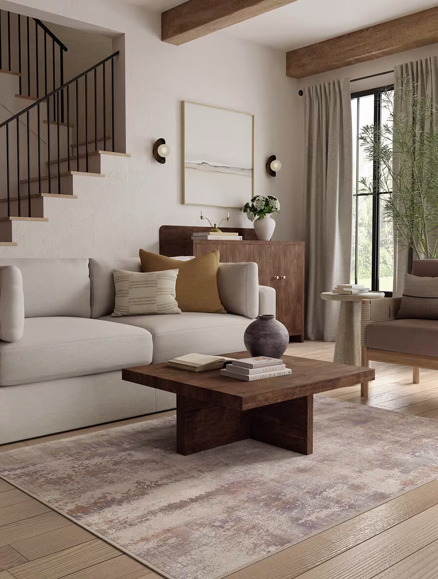 Alister Blush Tufted japandi rug adding gentle warmth to a lived-in family living room