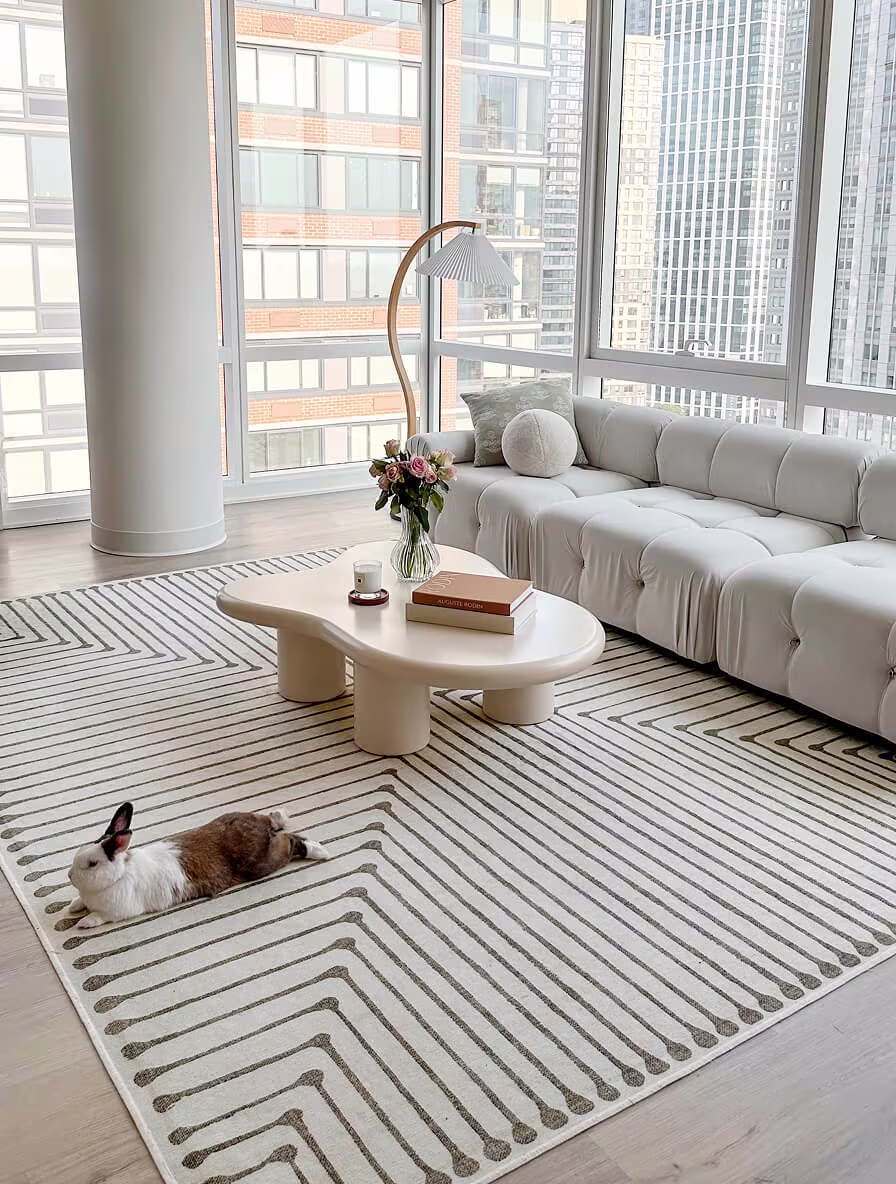 Jonathan Adler Inkdrop Camel and Ivory Tufted japandi rug styled in a light-filled living room with sculptural furniture