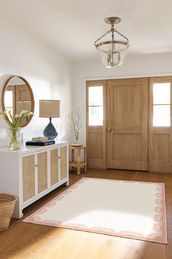 Coral and Grey Entryway Rug with Fringe