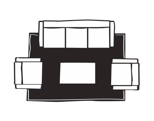 Illustration of a 6'x9' rug shown in a living room next to some chairs