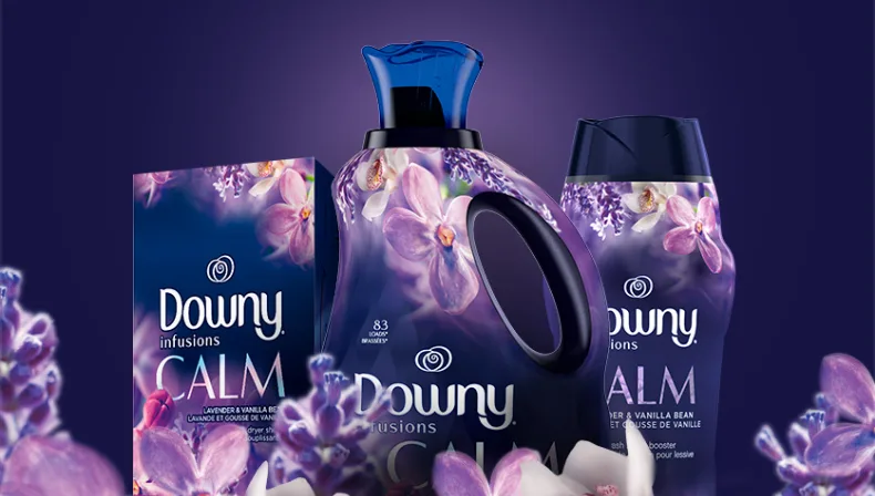 Downy Infusions Calm Liquid Fabric Conditioner, Dryer sheets and Scent beads