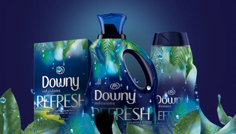 Downy Infusions Refresh Liquid Fabric Conditioner, Dryer sheets and Scent beads