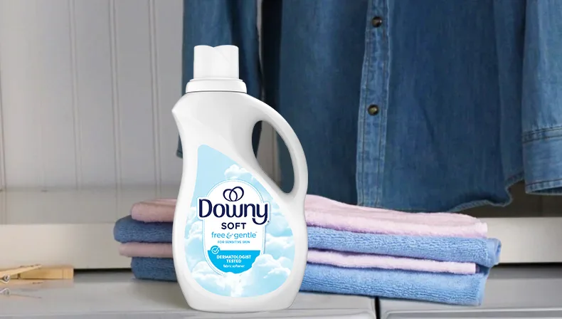 Use scent free Downy Free & Gentle Liquid Fabric Softener to protect clothes from stretching, fading and fuzz.