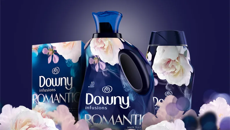 Downy Infusions Romantic Liquid Fabric Conditioner, Dryer sheets and Scent beads