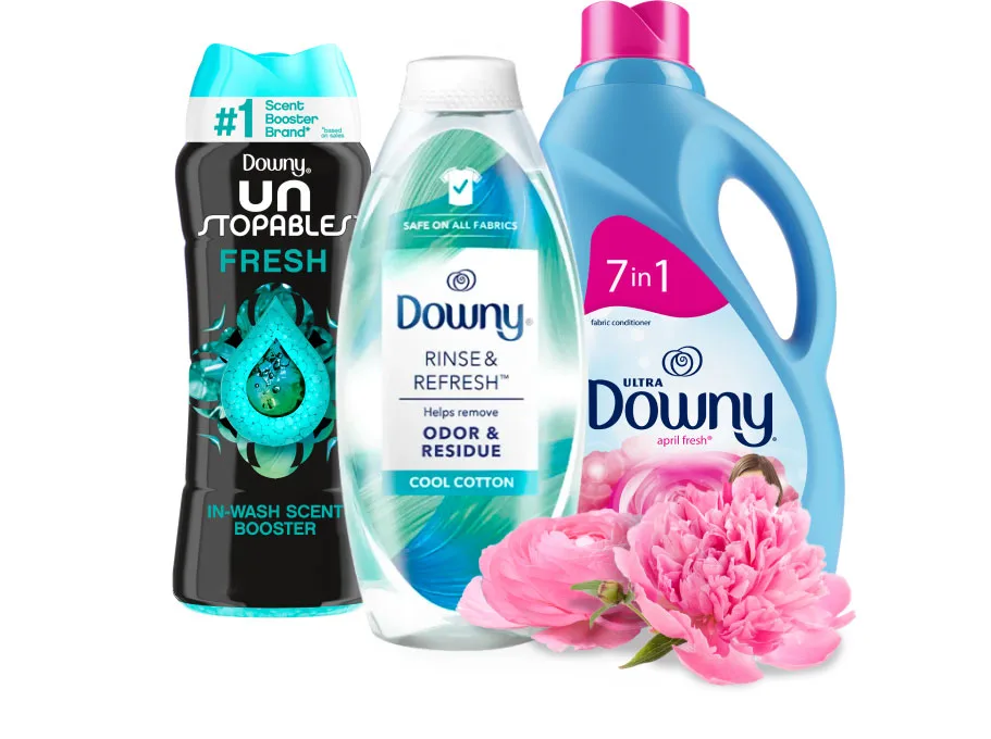 hree Downy laundry products: Downy Unstopables Fresh In Wash Scent Booster Beads, Downy Rinse and Refresh Cool Cotton, and Downy April Fresh Liquid Fabric Softener