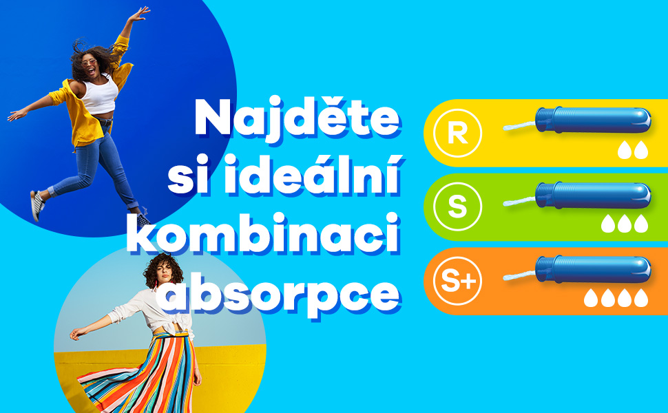 3 velikosti tamponů Tampax pro nalezení perfektní kombinace absorpce, společně s šťastnými ženami plnými života.