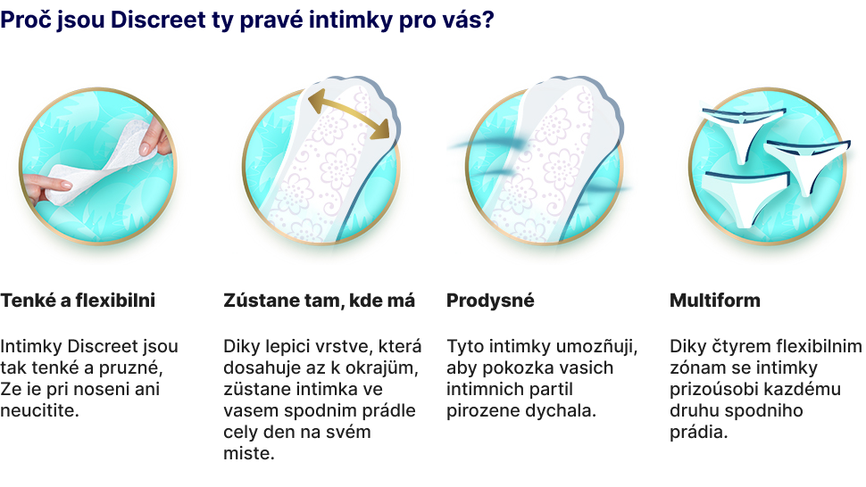 Discreet jsou tenké a pružné, zůstávají tam, kde mají být, prodyšné, různých tvarů - přizpůsobí se jakémukoli typu spodního prádla.