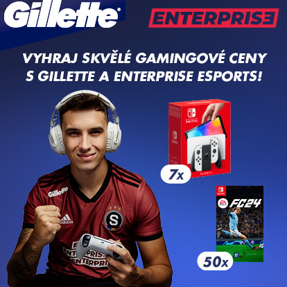 Grafika s Gillette ENTERPRISE soutěží s hráčem v sluchátkách. Výhry zahrnují 7 sad Nintendo Switch a 50 her FC24.