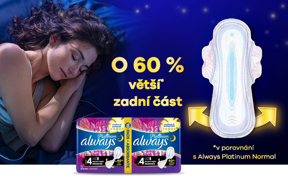 Spící žena a informace o 60% větší zadní části hygienické vložky v Always Platinum Secure Night ve srovnání s Normal verzí.